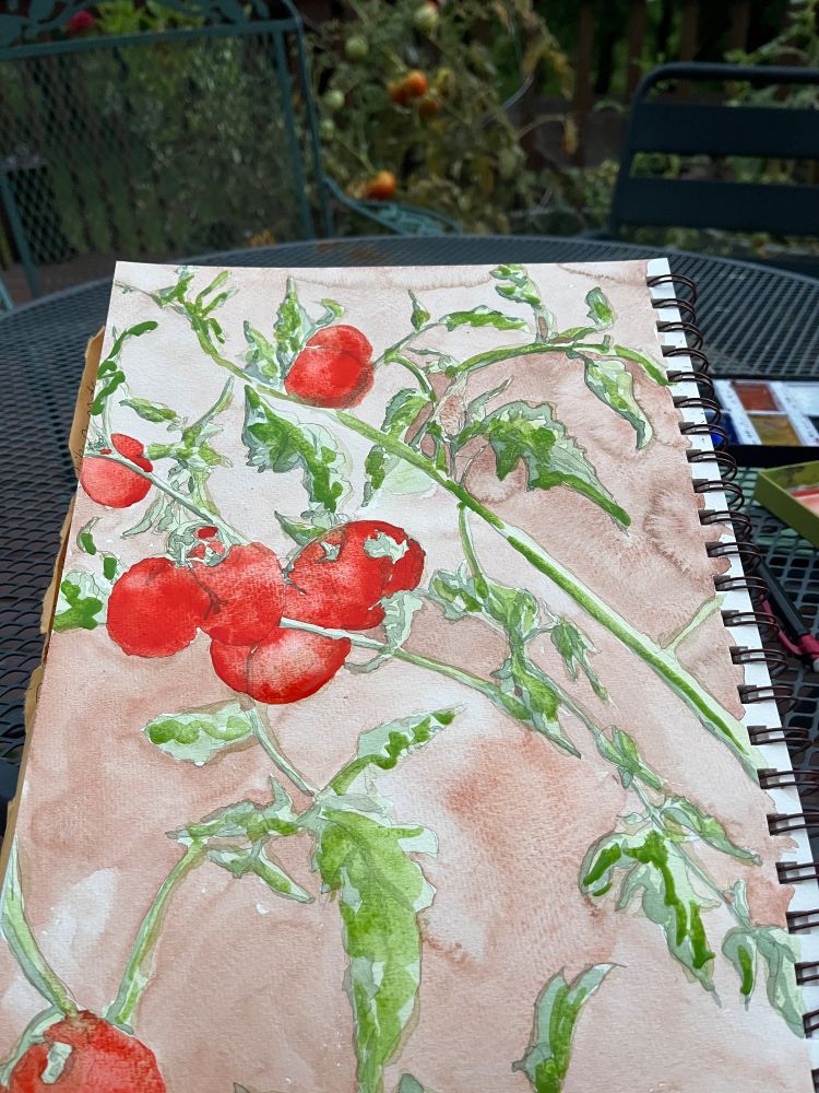 Watercolor painting of tomatoes on the vine, light brown backgnround 