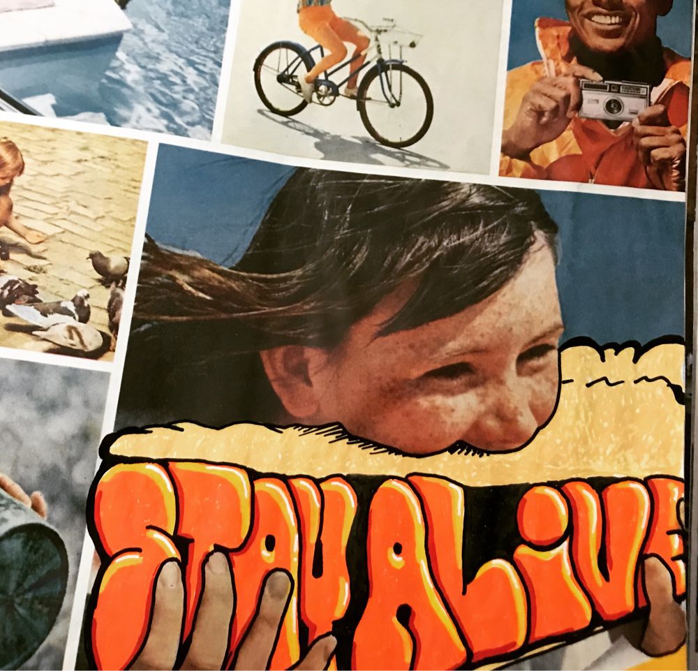 A vintage magazine ad with pics of vacationing people, center a girl is eating a sandwich with the words “stay alive” as the contents. A stay alive sandwich. Don’t let the bastards grind you down!