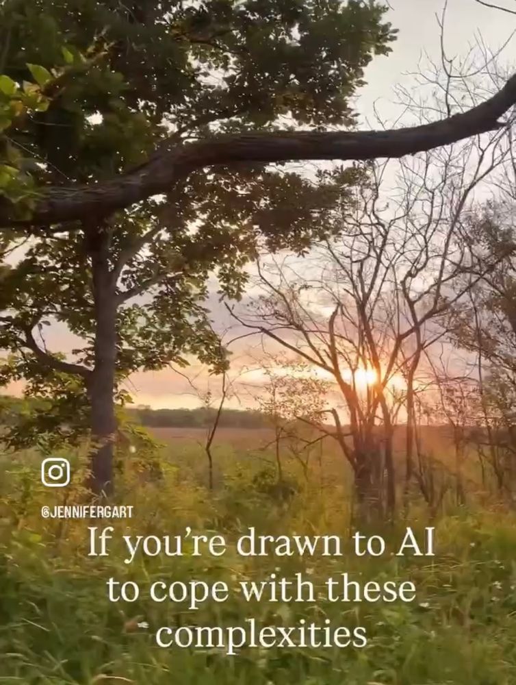 Sunset hike with trees and tall grass prairie. Text overlay:
 If you're drawn to Al to cope with these complexities