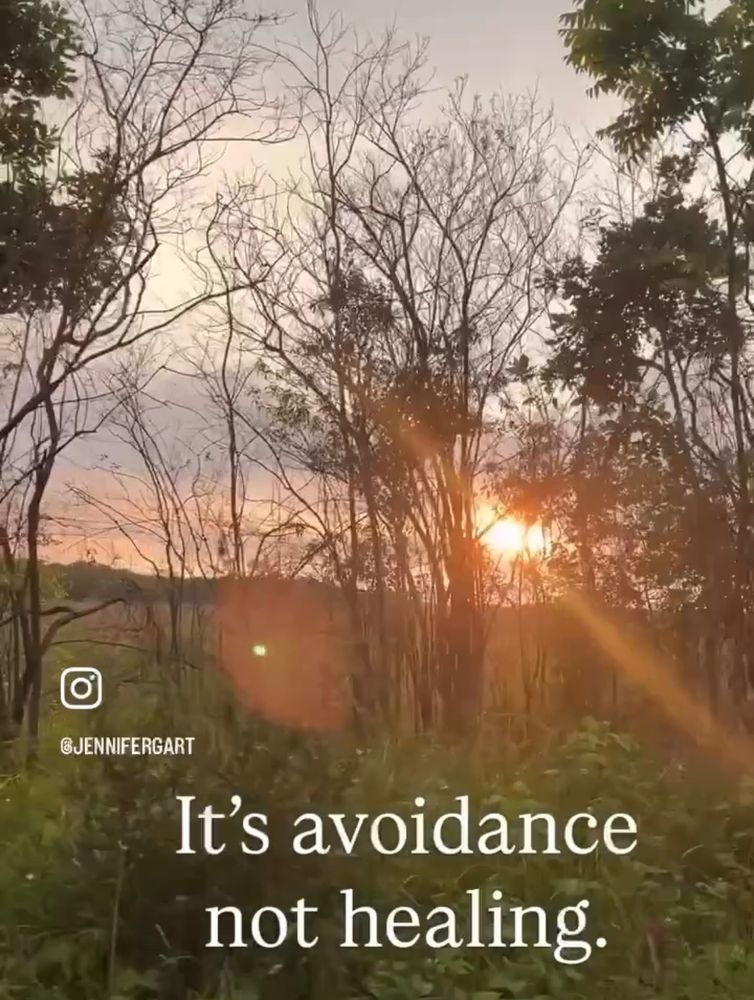 Sunset hike with trees and tall grass prairie. Text overlay:
 It's avoidance, not healing.