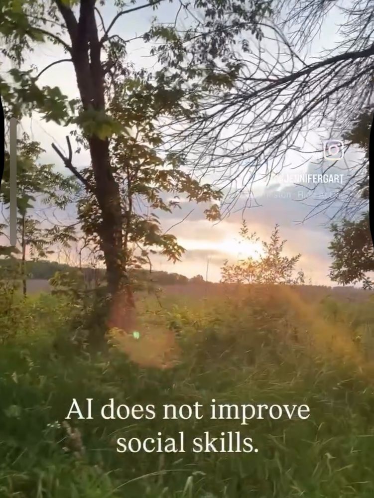 Sunset hike with trees and tall grass prairie. Text overlay:
 Al does not improve
 social skills.
