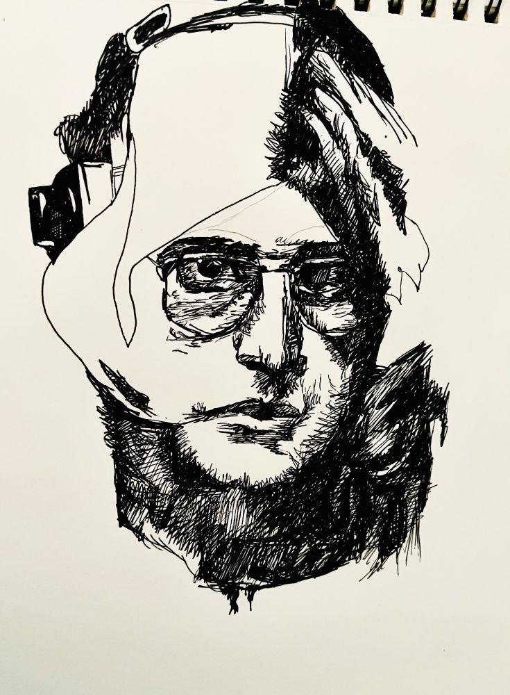 A photo of the sketch by Jen Gauerke in progress. The hair and headphones unfinished. 
