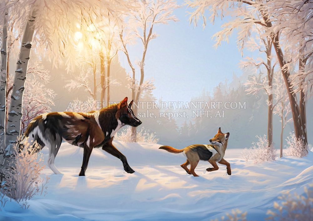 Wolf with a puppy walking in forest during the golden hour