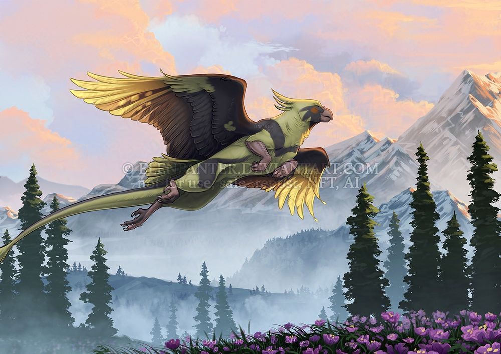 Kerry flying in mountains 
gryphon griffin based on cockatiel bird korella