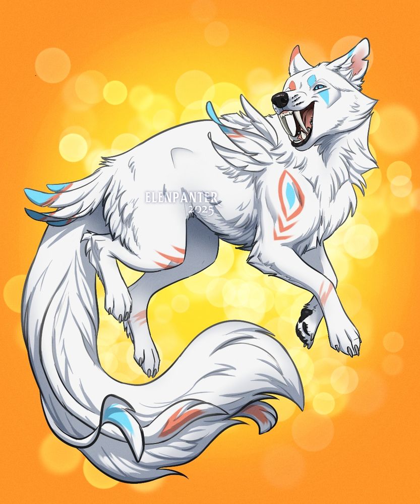 Dire wolf jumping and smiling