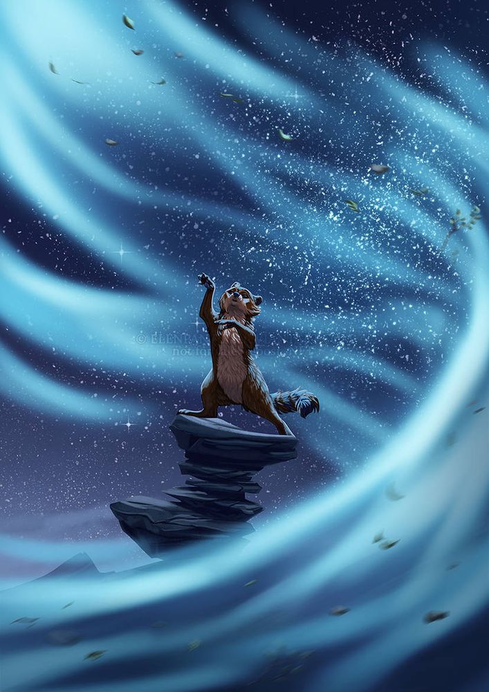 Air bending raccoon in mountains at night with stars