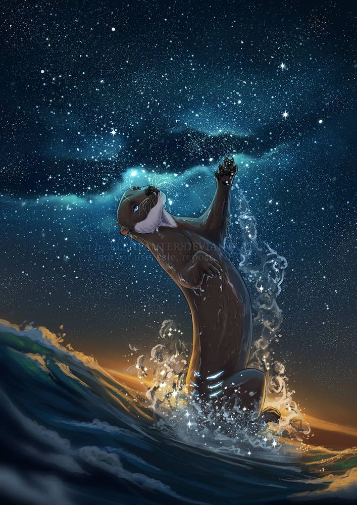 Otter jumping out of water at night with stars