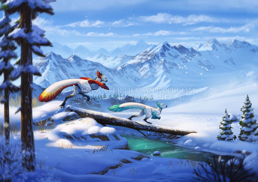 Snow dinosaurs raptors running in mountain valley trespassing the river
"Raptor" comic by ElenPanter