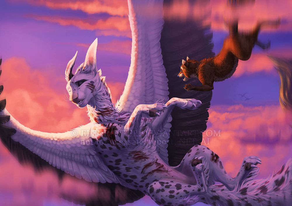 Injured dragon and raccoon falling from sky at sunset