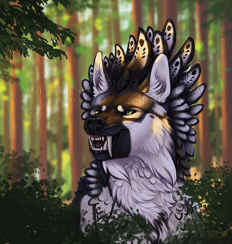 Feathered wolf in sun-lighted forest