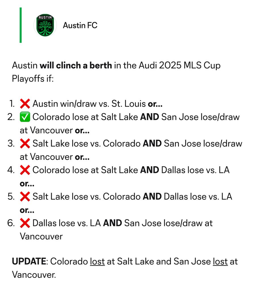 AUSTIN
Austin FC
Austin will clinch a berth in the Audi 2025 MLS Cup
Playoffs if:
1. X Austin win/draw vs. St. Louis or...
2. V Colorado lose at Salt Lake AND San Jose lose/draw at Vancouver or...
3. X Salt Lake lose vs. Colorado AND San Jose lose/draw at Vancouver or...
4. X Colorado lose at Salt Lake AND Dallas lose vs. LA
Or...
5. X Salt Lake lose vs. Colorado AND Dallas lose vs. LA
or...
6. X Dallas lose vs. LA AND San Jose lose/draw at
Vancouver
UPDATE: Colorado lost at Salt Lake and San Jose lost at Vancouver.