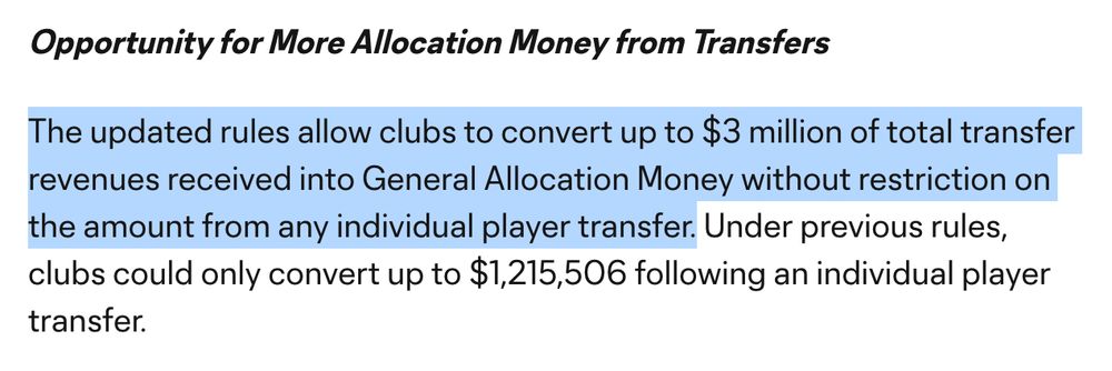 The updated rules allow clubs to convert up to $3 million of total transfer revenues received into General Allocation Money without restriction on the amount from any individual player transfer. 