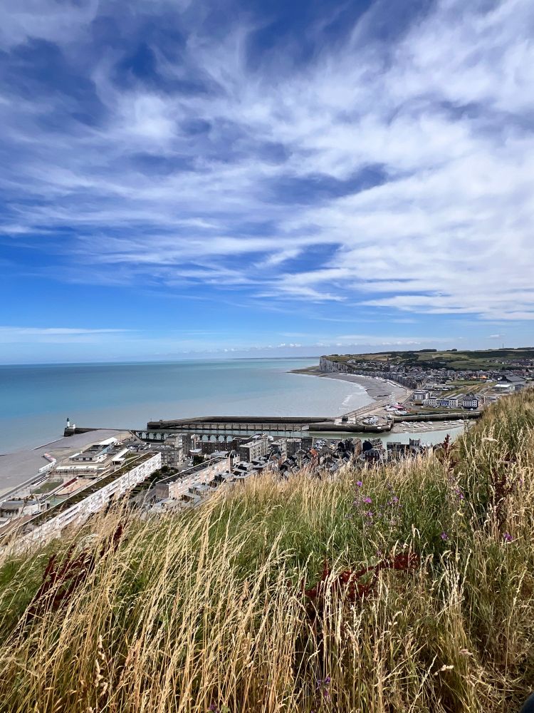 Le Tréport. Stadtansicht mit Hafeneinfahrt und Strand . Im Vordergrund Gras