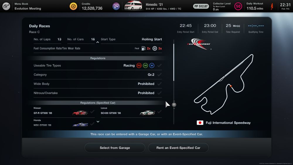 C: Fuji Speedway, Honda NSX GT500 '08; Nissan GT-R GT500 '08; Lexus SC430 GT500 '08
- Mandatory Pit Stop: 1
- BB on