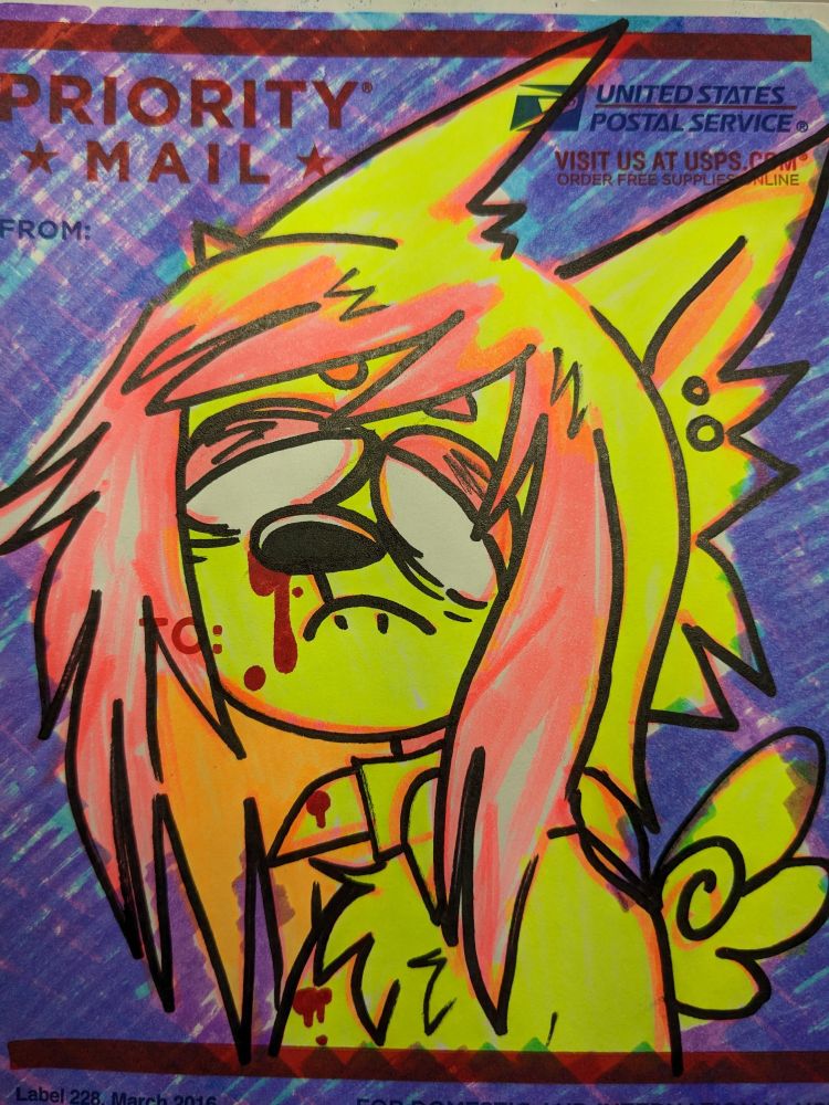 The same picture but this time it's drawn with yellow orange and red highlighters, with a purple background. Red blood drips from Wolfgang's nose. Both of these drawings are from December 2022