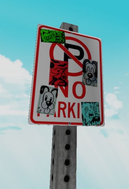 Five stickers on a pole, in Roblox!