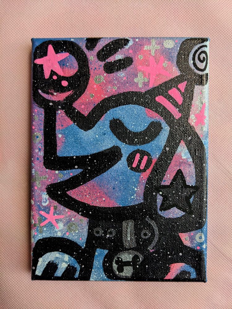 A bold black lineart clown puppy with a space and stars background