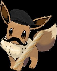 An image of an eevee wearing a beret.  The eevee also has a mustache and baguette.