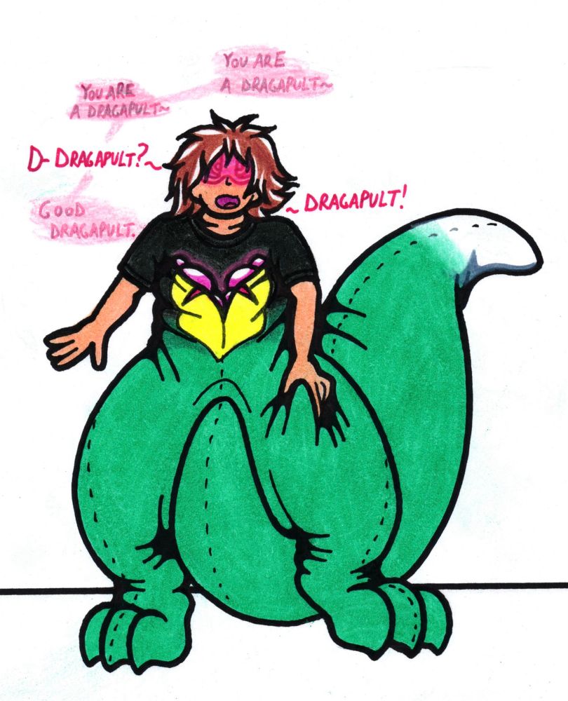 Now covered up to the chest in the thick Dragapult shaped plushsuit, the hypnotized human squeezes its soft thigh with one hand as the visor continues its suggestions: “You are a Dragapult~” “You are a Dragapult~” “Good Dragapult~” The subject begins to submit, looking slightly pleasured and saying “D-Dragapult? Dragapult!” As he becomes a good Pokemon.