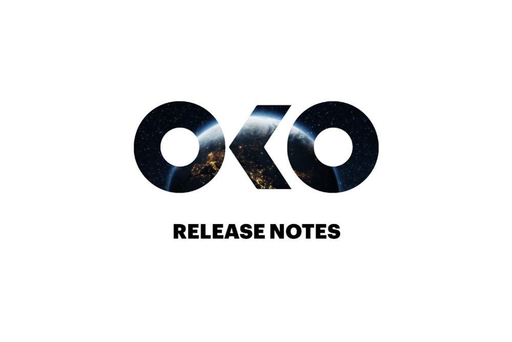 Logo for OKO featuring bold letters with a view of Earth from space inside the text. Below the logo, the words 'Release Notes' appear in black, bold, uppercase font on a white background.