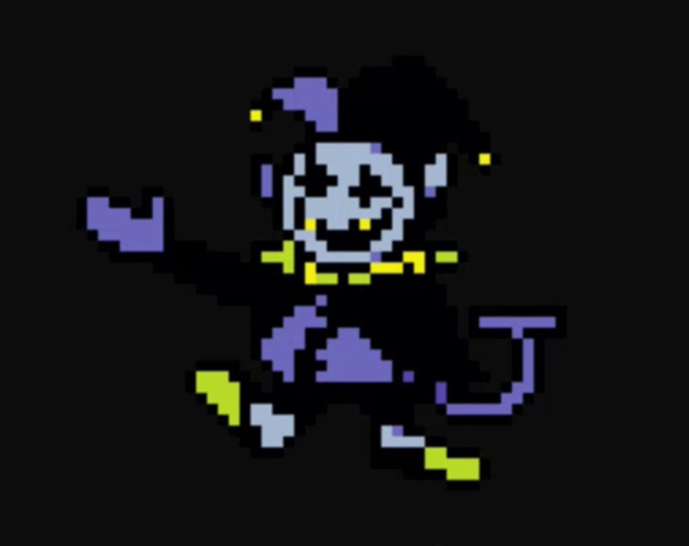 a pixel art drawing of a jester with a purple hat