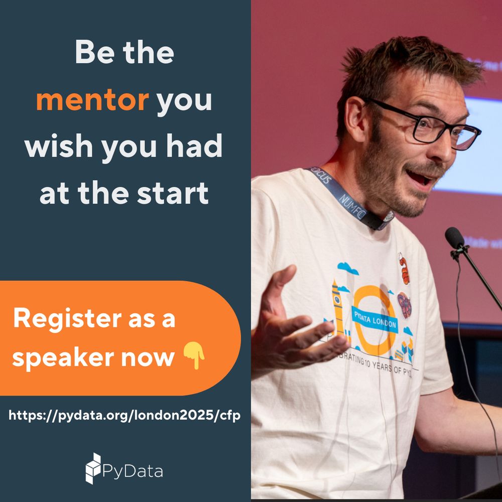 Advertisement for PyData London 2025 conference. Be the mentor you wish you ad at the start. Register as a speaker now.

Photo shows a close up of Ian Ozsvald on stage giving a talk. 