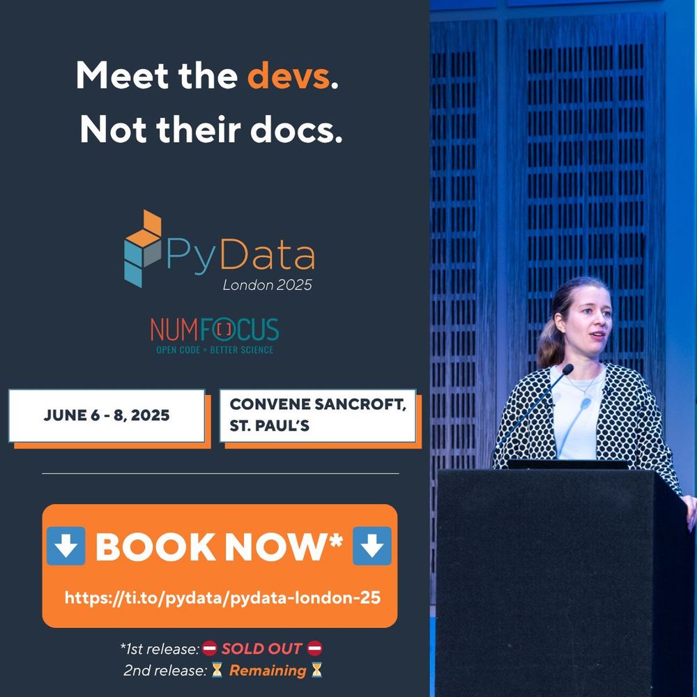 Advertisement for PyData London conference. 

Meet the devs. Not their docs.

June 6-8 2025
Convene Sancroft, St. Pauls

Book now

First release sold out
Second release tickets remaining