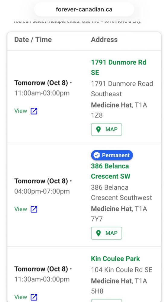 Updated ForeverCanadain petition signing locations and times in Medicine Hat for October eighth. 