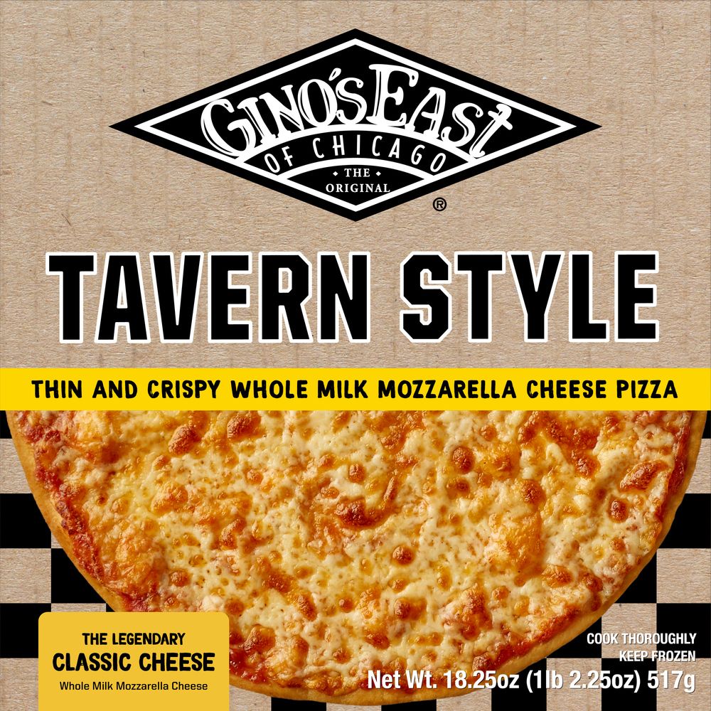 Frozen pizza box from Gino's East: Tavern Style: Thin and Crispy Whole Milk Mozzarella Cheese pizza. net wt 18.25 oz.