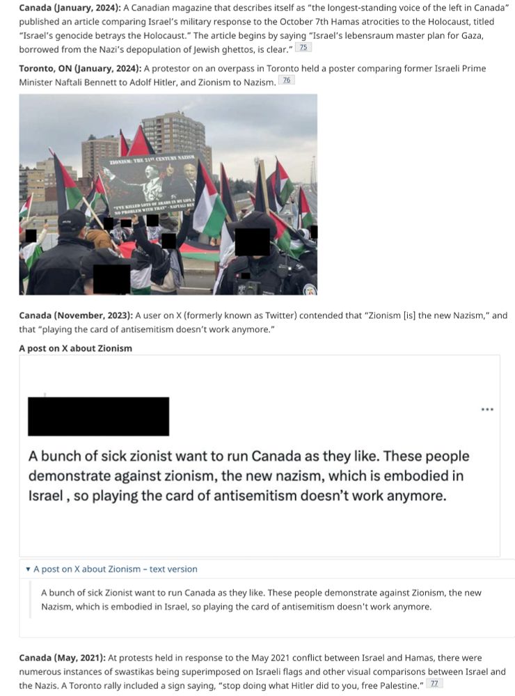 Canada (January, 2024): A Canadian magazine that describes itself as “the longest-standing voice of the left in Canada” published an article comparing Israel’s military response to the October 7th Hamas atrocities to the Holocaust, titled “Israel’s genocide betrays the Holocaust.” The article begins by saying “Israel’s lebensraum master plan for Gaza, borrowed from the Nazi’s depopulation of Jewish ghettos, is clear.”Footnote 75

Toronto, ON (January, 2024): A protestor on an overpass in Toronto held a poster comparing former Israeli Prime Minister Naftali Bennett to Adolf Hitler, and Zionism to Nazism.Footnote 76
Protesters in Toronto holding Palestinian flags and comparing former Israeli Prime Minister Naftali Bennett to Adolf Hitler.

Canada (November, 2023): A user on X (formerly known as Twitter) contended that “Zionism [is] the new Nazism,” and that “playing the card of antisemitism doesn’t work anymore.”
A post on X about Zionism
A post on X about Zionism – text version

    A bunch of sick Zionist want to run Canada as they like. These people demonstrate against Zionism, the new Nazism, which is embodied in Israel, so playing the card of antisemitism doesn't work anymore.

Canada (May, 2021): At protests held in response to the May 2021 conflict between Israel and Hamas, there were numerous instances of swastikas being superimposed on Israeli flags and other visual comparisons between Israel and the Nazis. A Toronto rally included a sign saying, “stop doing what Hitler did to you, free Palestine.”Footnote 77