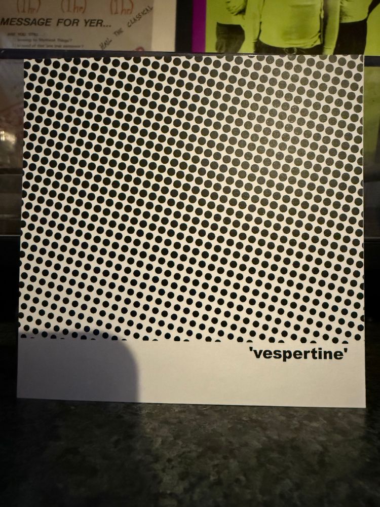 CD booklet art: a white field, mostly covered with small, evenly spaced and sized dots. The bottom 1/8th is just white, and says ‘vespertine’ in lowercase sans serif font to the upper right of the white space.