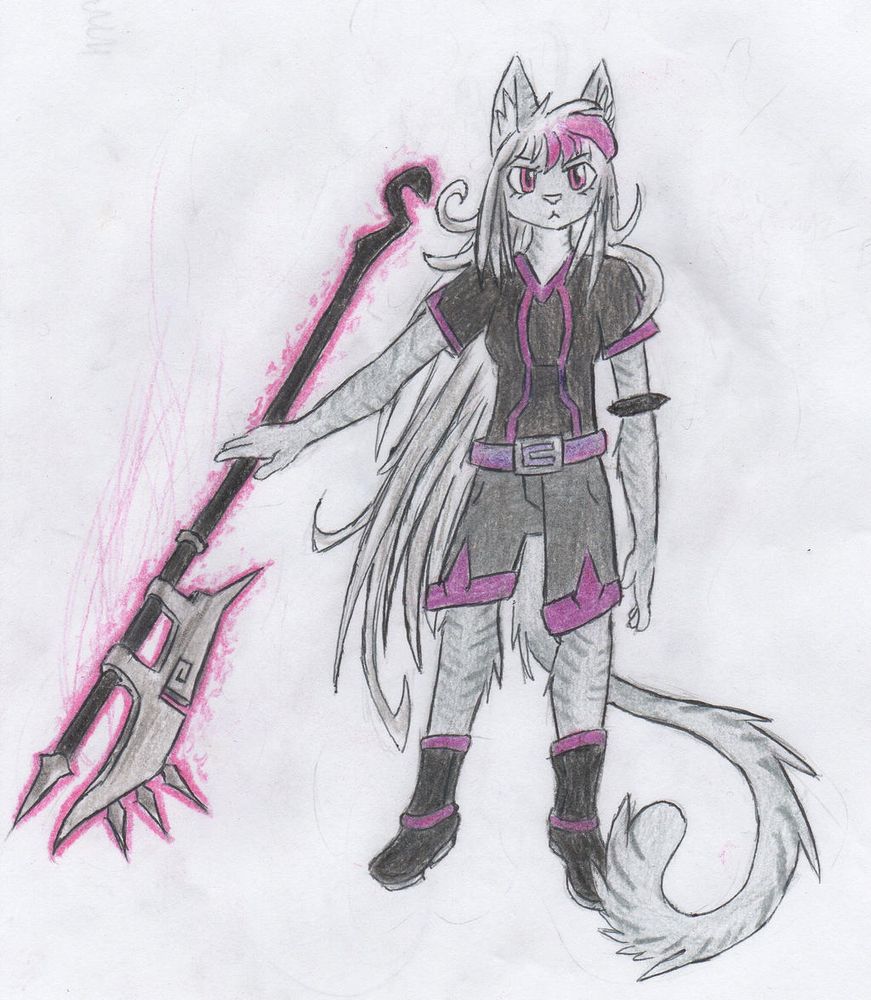 A fullbody drawing of a grey feline anthro with extremely long hair. She has bright highlights, and is clutching an axe-like blade levitating through dark magic.