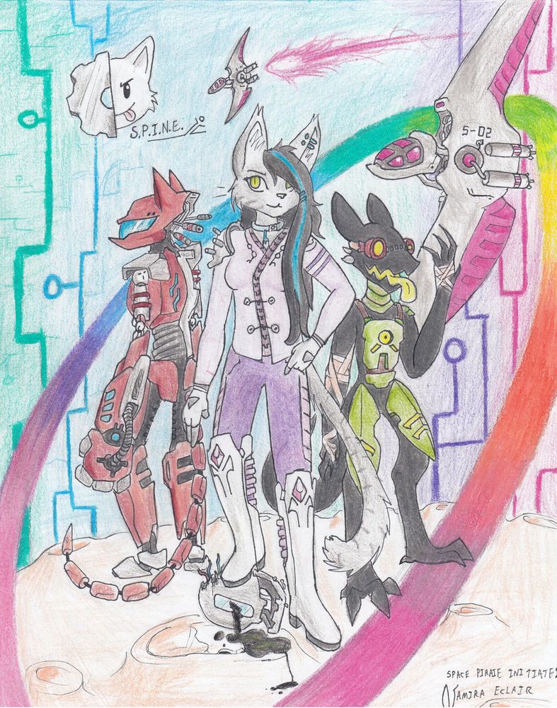 Cover art concept in rainbow colour. A feline character, a reptillian alien, and a machine stand before a pair of moving starships.