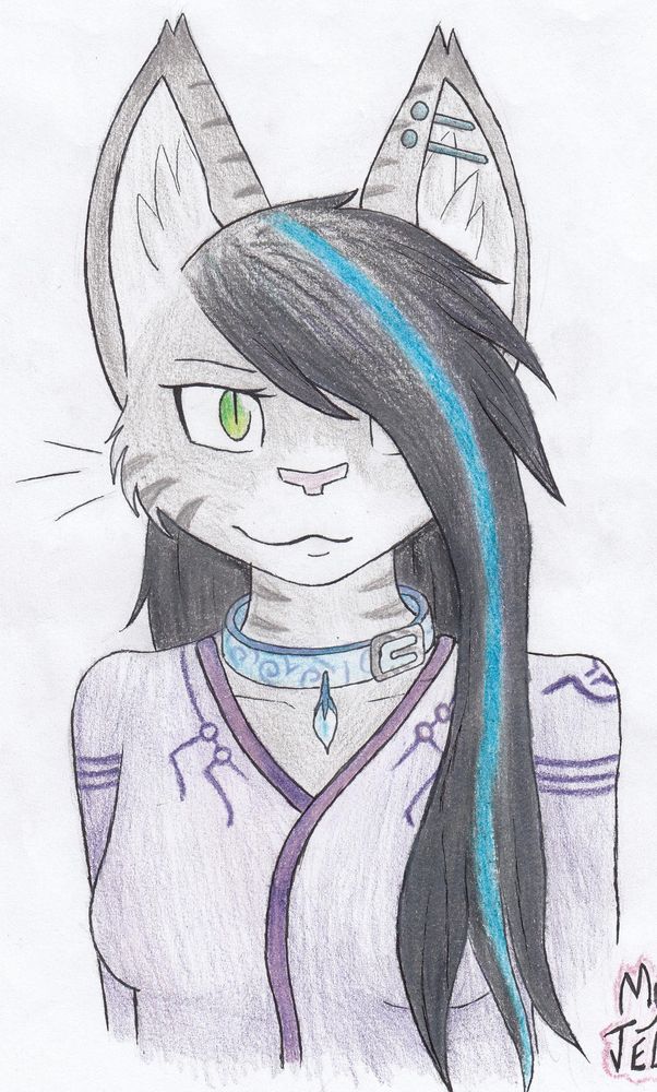 A grey feline anthro character. She has bright green eyes and long black hair, with a bright stripe of blue colour going all the way down.