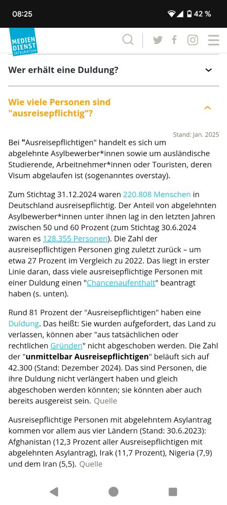 Wie viele Personen sind "ausreisepflichtig"?
Stand: Jan. 2025
Bei "Ausreisepflichtigen" handelt es sich um abgelehnte Asylbewerber*innen sowie um ausländische Studierende, Arbeitnehmer*innen oder Touristen, deren Visum abgelaufen ist (sogenanntes overstay).

Zum Stichtag 31.12.2024 waren 220.808 Menschen in Deutschland ausreisepflichtig. Der Anteil von abgelehnten Asylbewerber*innen unter ihnen lag in den letzten Jahren zwischen 50 und 60 Prozent (zum Stichtag 30.6.2024 waren es 128.355 Personen). Die Zahl der ausreisepflichtigen Personen ging zuletzt zurück – um etwa 27 Prozent im Vergleich zu 2022. Das liegt in erster Linie daran, dass viele ausreisepflichtige Personen mit einer Duldung einen "Chancenaufenthalt" beantragt haben (s. unten).

Rund 81 Prozent der "Ausreisepflichtigen" haben eine Duldung. Das heißt: Sie wurden aufgefordert, das Land zu verlassen, können aber "aus tatsächlichen oder rechtlichen Gründen" nicht abgeschoben werden. Die Zahl der "unmittelbar Ausreisepflichtigen" beläuft sich auf 42.300 (Stand: Dezember 2024). Das sind Personen, die ihre Duldung nicht verlängert haben und gleich abgeschoben werden könnten; sie könnten aber auch bereits ausgereist sein.Quelle

Ausreisepflichtige Personen mit abgelehntem Asylantrag kommen vor allem aus vier Ländern (Stand: 30.6.2023): Afghanistan (12,3 Prozent aller Ausreisepflichtigen mit abgelehnten Asylantrag), Irak (11,7 Prozent), Nigeria (7,9) und dem Iran (5,5).Quelle 