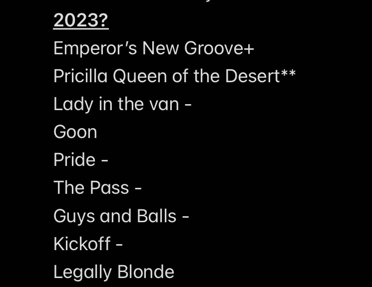 Screenshot of a note which reads:

2023?
Emperor’s New Groove+
Pricilla Queen of the Desert**
Lady in the van -
Goon
Pride -
The Pass -
Guys and Balls -
Kickoff -
Legally Blonde