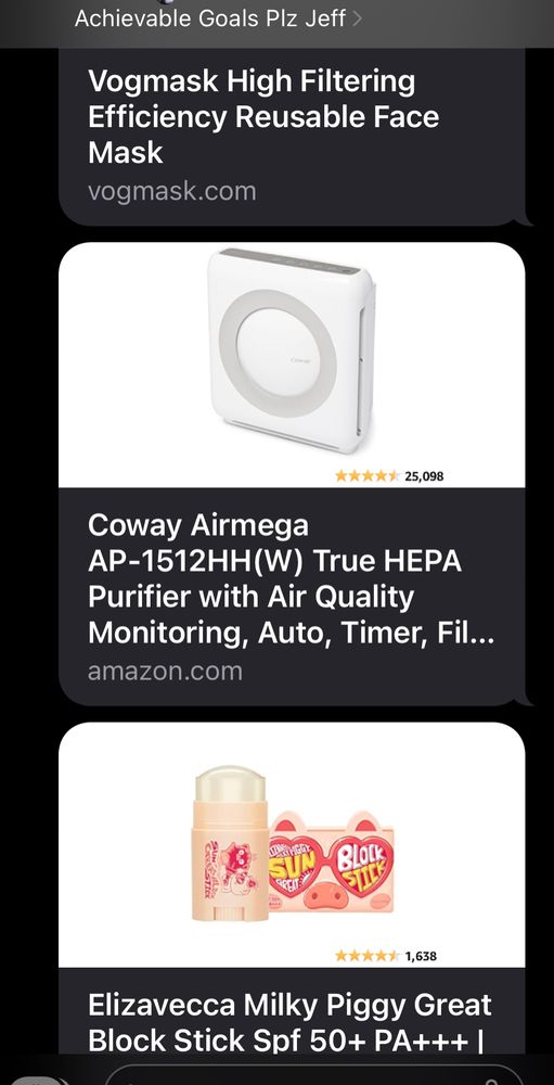 Image of a group chat text, with links to: vogmasm face masks, coway a
HEPA air filters, & milky piggy spf 50 sunscreen stick