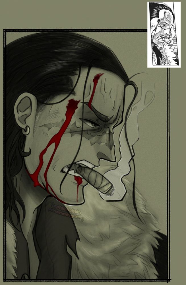 digital art of Sir Crocodile from One Piece - it is a redraw of a manga panel, shown for compare in the top right of the art. Crocodile is seen from the neck up, smoking his cigar and glowering as blood trails down from his forehead and temple.
