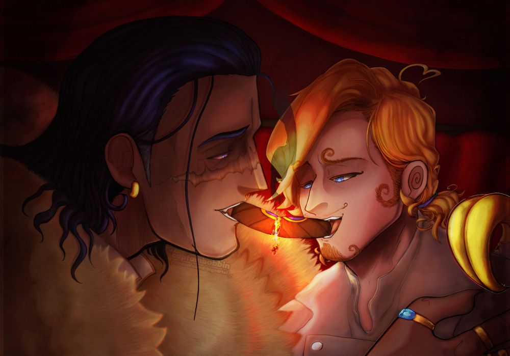 Digital Art of Sir Crocodile and Sanji from One Piece, specifically from captainbobbins mafia au fic, The Front. Crocodile is leaning close and holding Sanji reverently as Sanji uses his cigar to light his own. Sanji's hair is tied back and he seems entirely comfortable. Crocodiles hook prosthetic is curving over Sanji's shoulder and they are sat in a dark booth, the only light source being that of their cigars. Sanji's hair tie is the same colour as Crocodile's eyes - Crocodile's ring's are the same colour as Sanji's eyes.