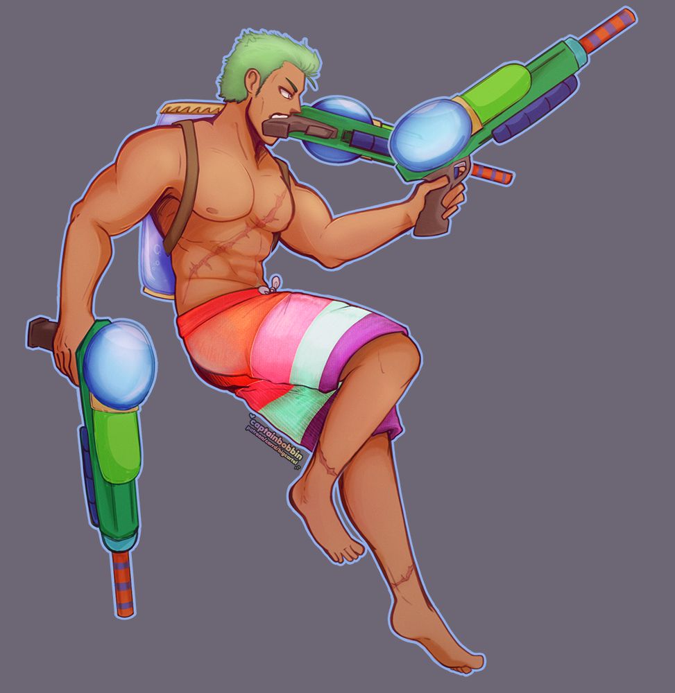 Zoro in swimshorts, holding a water gun in each hand and one in his mouth