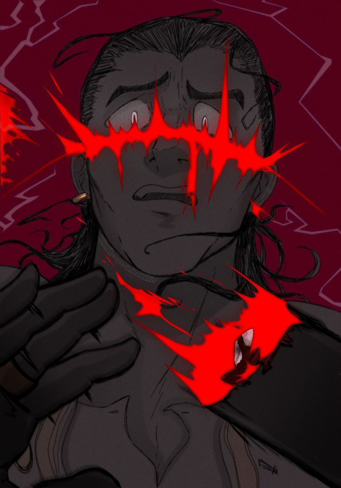 Digital art of Sir Crocodile from One Piece. He is seen from the chest upward, a look of delayed shock and despair on his face as a vivid red slash bisects his cheeks - his hands are lifted in front of the camera, his left hand entirely missing and replaced with an equally red slash.