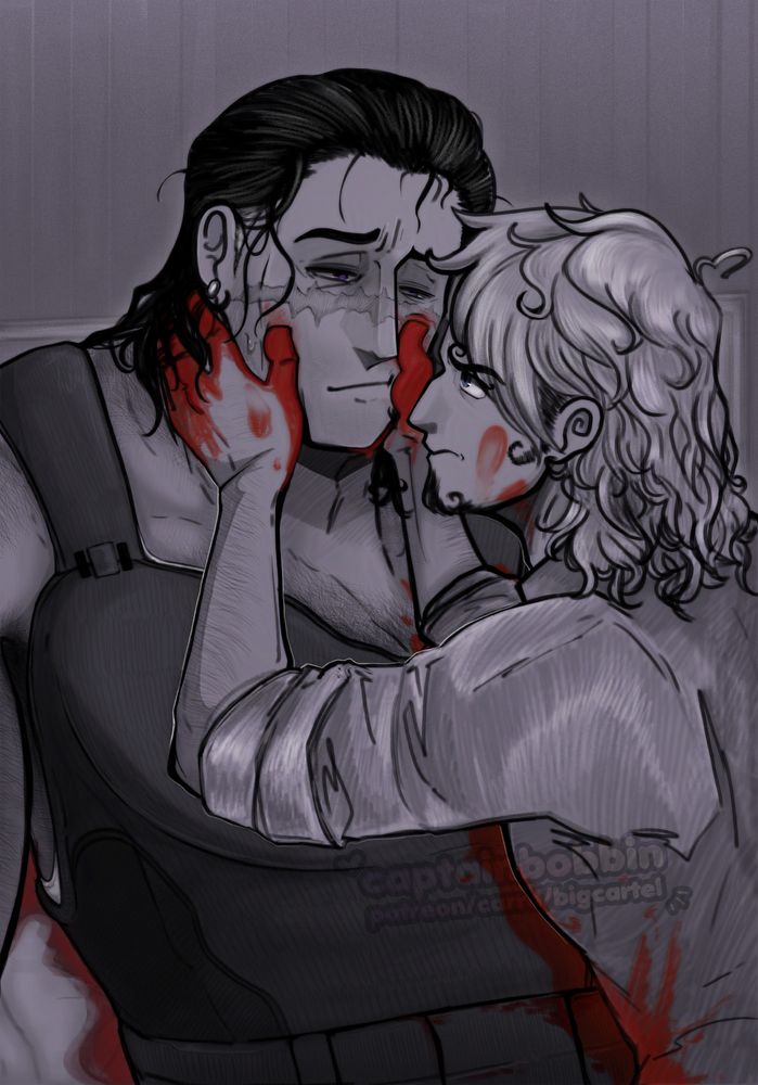 digital art of Crocodile and Sanji from One Piece, specifically from a scene from captainbobbins Mafia AU fanfic, The Front. Crocodile is sat slumped and exhausted on Sanji's bed, wearing a bulletproof vest and bleeding, but he has a tired smile as Sanji worriedly holds at his face. Sanji's hands are stained with blood, and he is looking up at Crocodile imploringly and with worry. Sanji's hair is longer and he is slightly older than in canon, and he is clearly upset and worried about Crocodile.