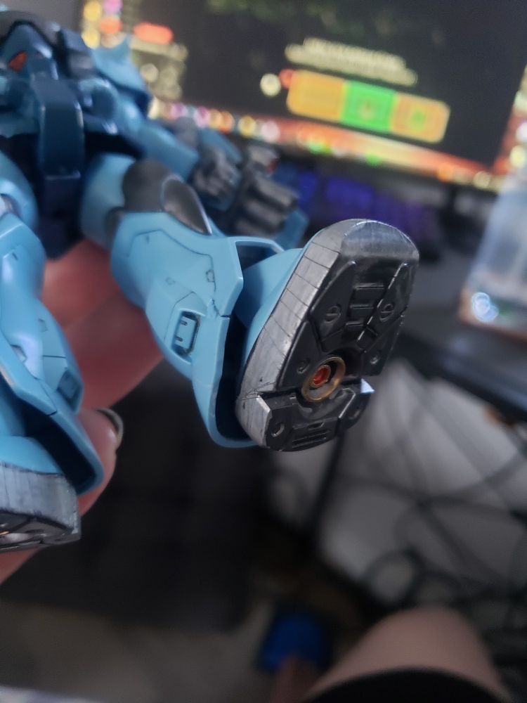 Gouf custom model kit boot/foot showing the added detailing on the thrusters and armor panel lines carved into it