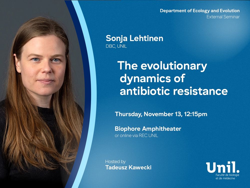 Coming up next week, DEE External Seminar welcomes Sonja Lehtinen (hosted by Tad Kawecki) with a talk on antibiotic resistance. 12:15, November 13th at the Biophore Amphitheatre or online via REC-UNIL.