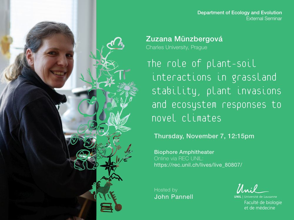 Coming up next week for the DEE External Seminar is Zuzana Münzbergová (hosted by John Pannell) for a talk on the role of plant-soil interactions. Thursday, November 7th at 12:15 at the Biophore Amphitheater or via REC UNIL.