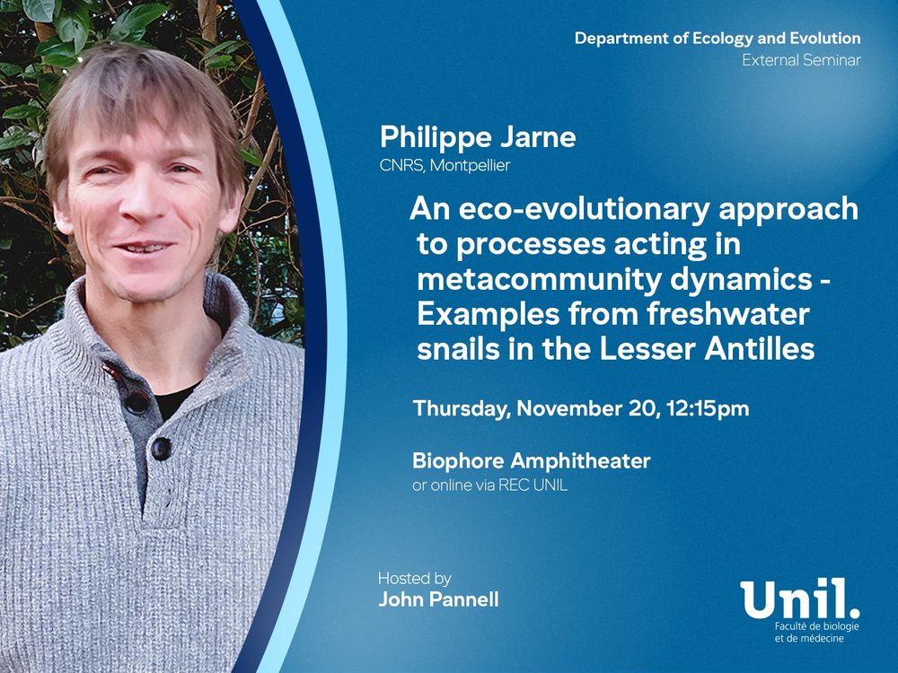 This week's DEE External Seminar welcomes Philippe Jarne (hosted by John Pannell) with a talk processes acting in metacommunity dynamics. 12:15, November 20th at the Biophore Amphitheatre or online via REC-UNIL.