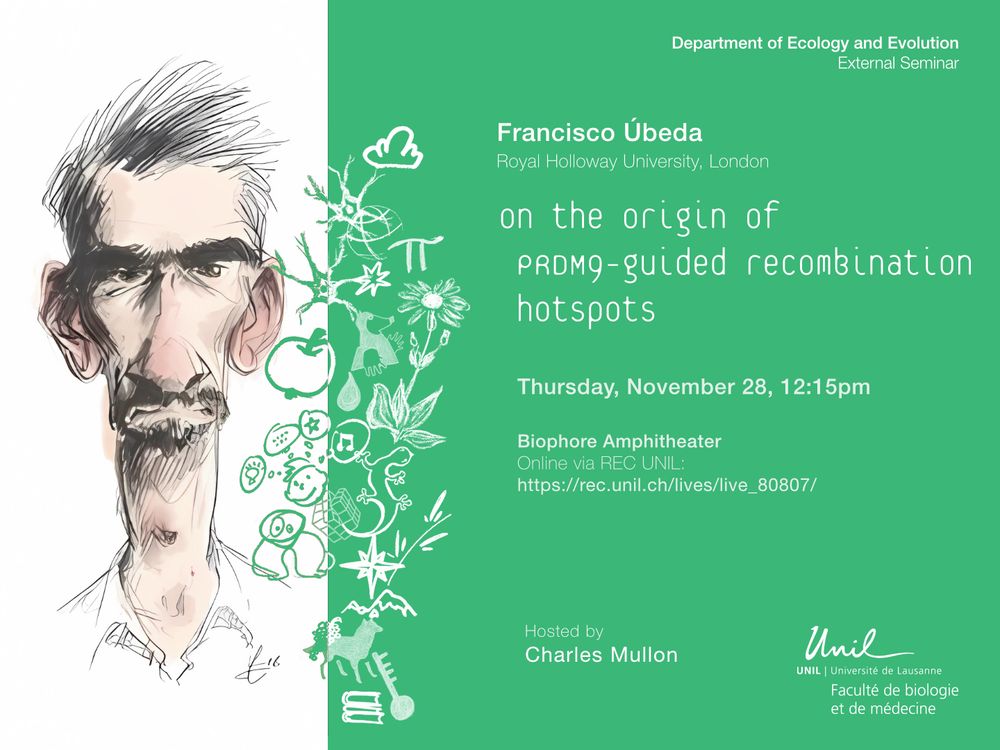 For our final scheduled external seminar of the year, we welcome Francisco Úbeda (hosted by Charles Mullon) for a talk on PRDM9-guided recombination hotspots. November 28, 12:15pm at the Biophore Amphitheater or online via REC-UNIL.