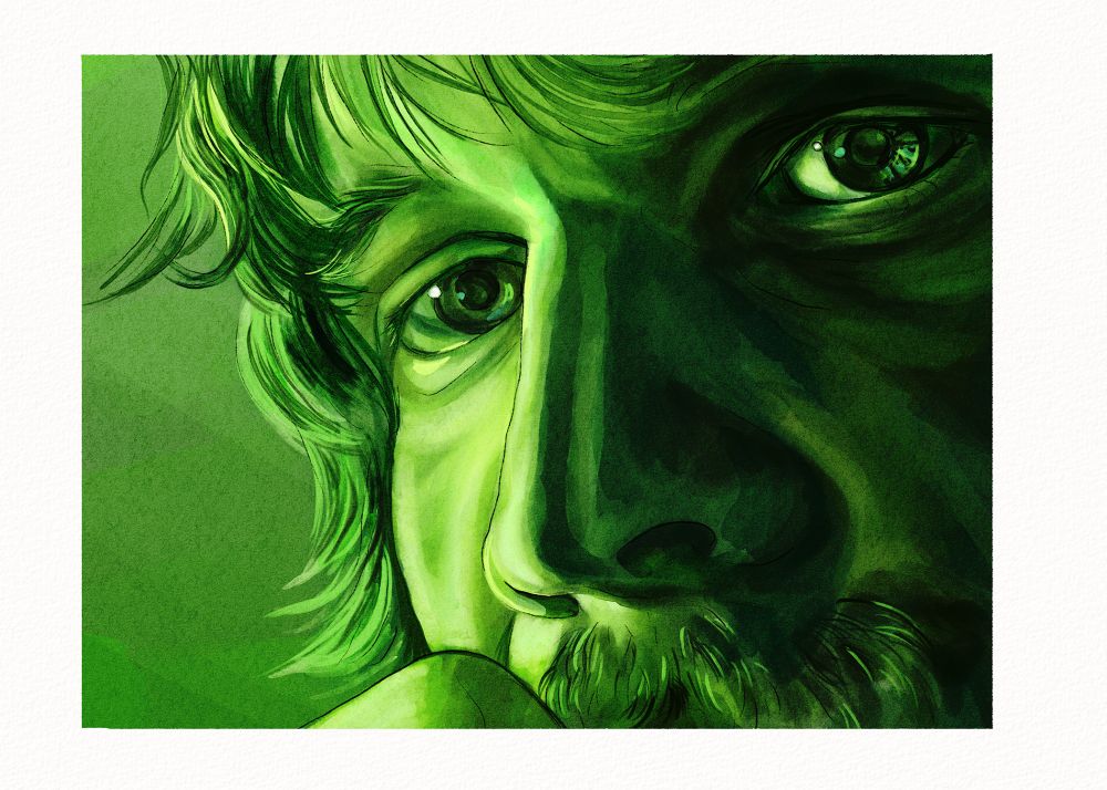 a watercolor style painting of bo burnham face close up in green