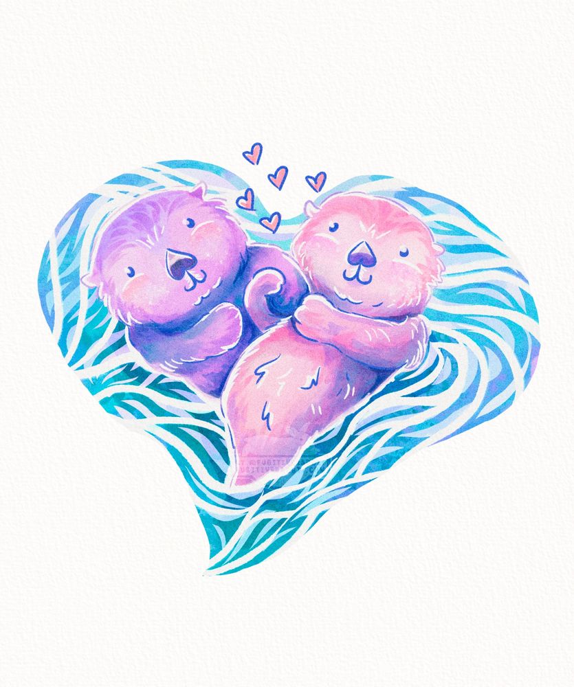 A watercolor style painting of a pink otter and a purple otter holding hands, they make the shape of a heart