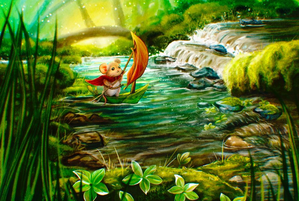 A watercolor style painting of a mouse in a leaf boat on a stream with rough water ahead and behind